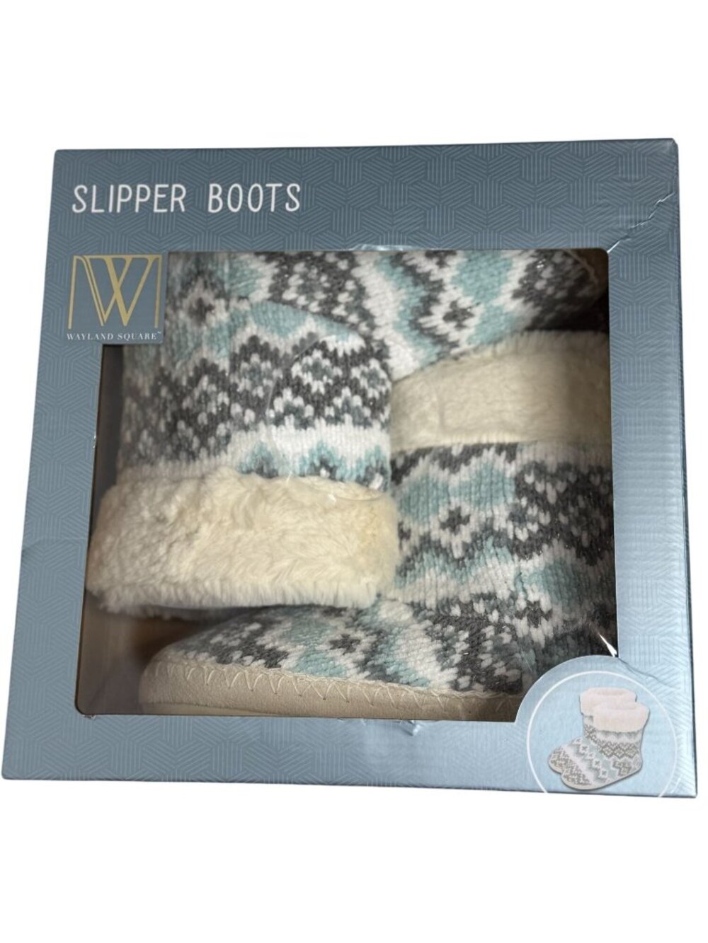 Wayland Square Womens 7-8 Blue Fair Isle Slipper Boots Faux Fur Cozy Winter